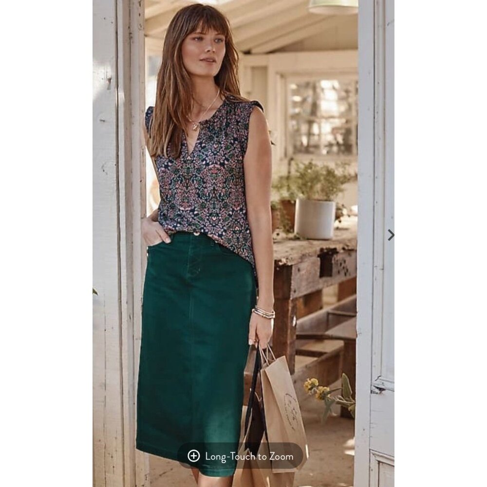 NWT J. Jill SLIT-BACK DENIM Forrest Green Midi SKIRT Size 12